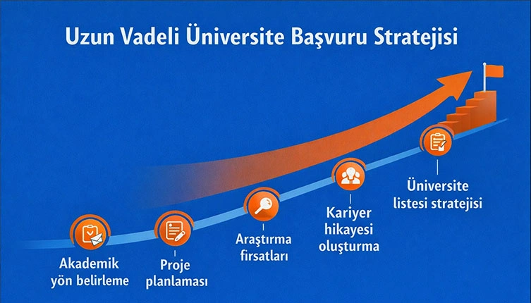 sınıftan itibaren uzun vadeli üniversite başvuru stratejisini gösteren zaman çizelgesi infografiği